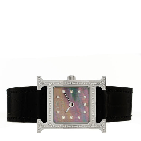 Stainless Steel Alligator Diamond Bezel Black Mother of Pearl 17.2mm Heure H Hour Quartz Watch Graphite