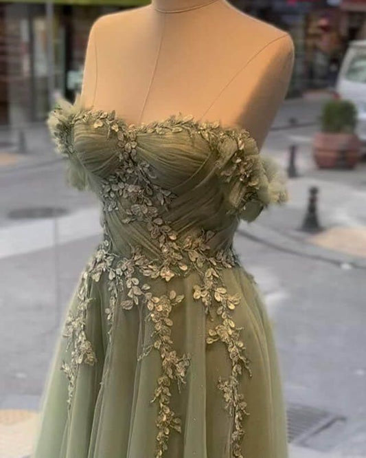 A-line Sage Tulle Lace Appliques Dress Formal Dresses, Evening Gown fg5007