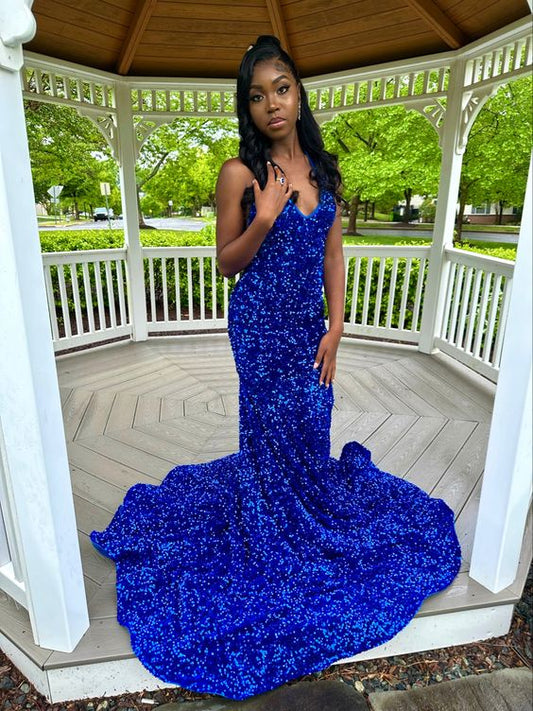 Royal Blue Sequin Long Mermaid Prom Dress fg5141