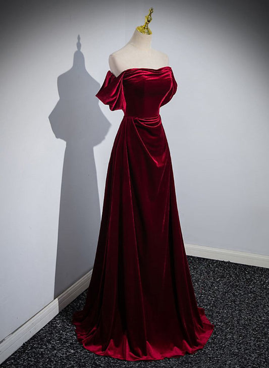 Velvet Off Shoulder A-line Long Party Dress, Floor Length Prom Dress fg4822