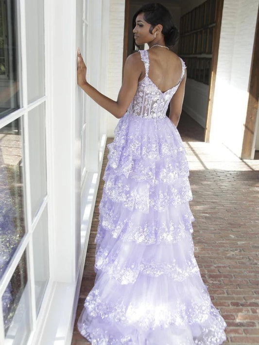 Lilac Sequin Lace Ruffles Prom Dress Split Evening Gown fg5109
