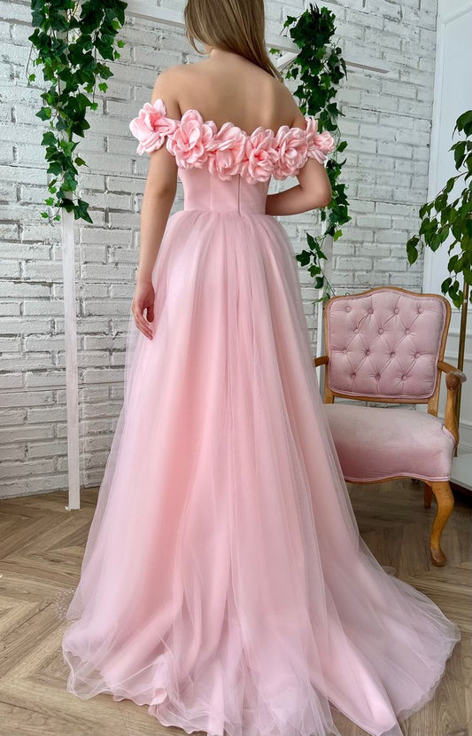 Pink Floral Prom Dresses, Off The Shoulder Evening Gown, Tulle Long Prom Dress fg4679