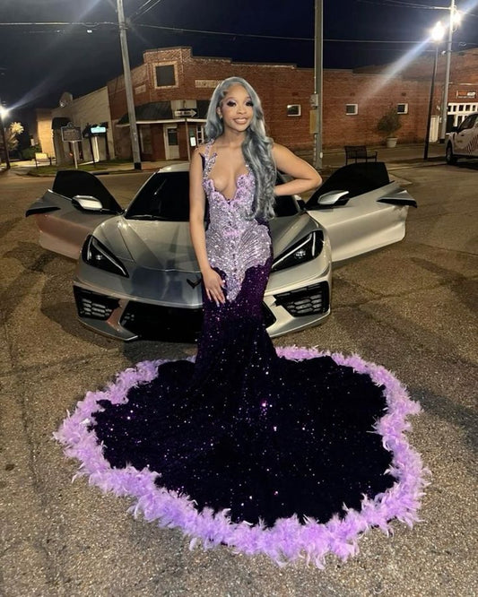 Sequin mermaid Dress for Girls Sparkling Diamond Crystal Beads Feather Formal Evening Party Dress Chic Evening Gown fg5198