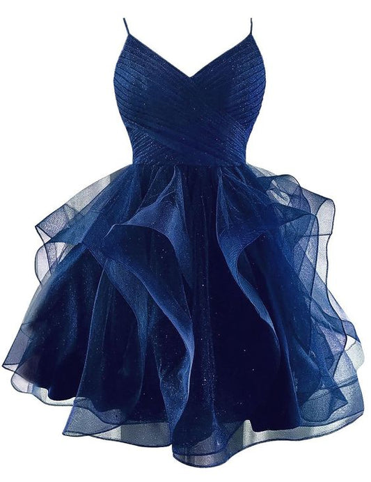 Glitter Tulle Spaghetti Straps Short Homecoming Dresses for Teens Tiered Mini Cocktail Dresses V-Neck Puffy Prom Dresses fg4900