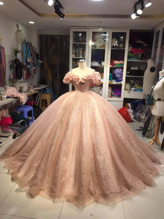 Champagne Pink Sparkly Dress,Long Evening Dress, Princess Sparkly Pink Dress, Quinceanera Dress Ball Gowns fg5261