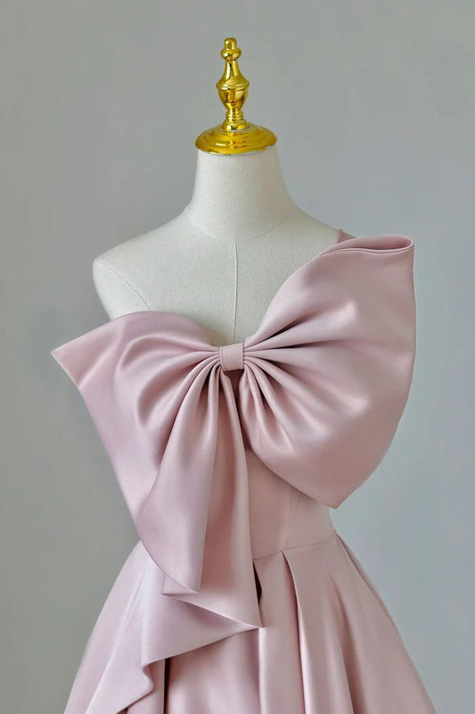 Pink Satin Bow Gown Long Formal Dress fg4858
