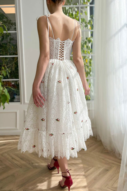 Spaghetti Straps Appliqued Sheer Lace A-Line Tea Length Evening Prom Dress fg4628