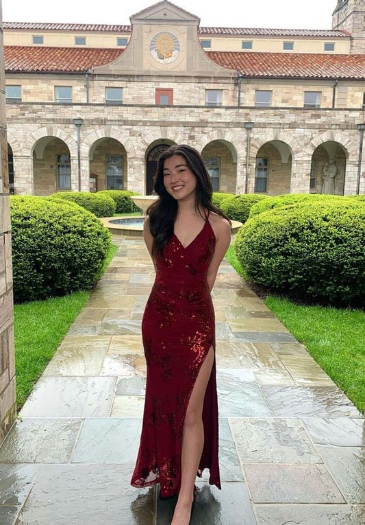 Spaghetti Straps Long Wine Red Prom Dress Birthday Outfits fg4880