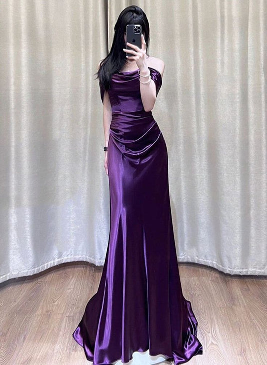 Satin Off Shoulder Long Evening Dress, Satin Prom Dress fg5209