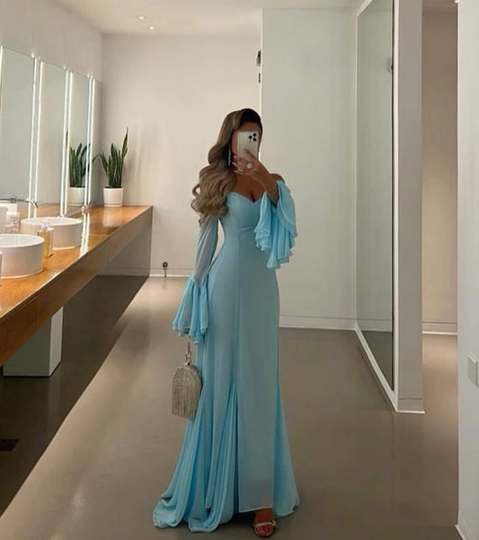 Blue Chiffon Prom Dresses Women Long Sleeves Formal Wedding Party Dress Evening Gowns fg4505