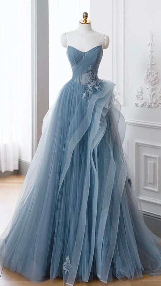 Gray Blue Tulle Lace Long Prom Dress, Gray Blue Formal Dress fg4937
