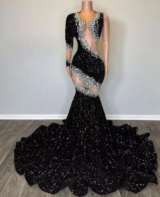 One Shoulder Prom Dresses, Diamond Prom Dresses, Black Sparkly Prom Dresses, Sequined Evening Dresses fg4383