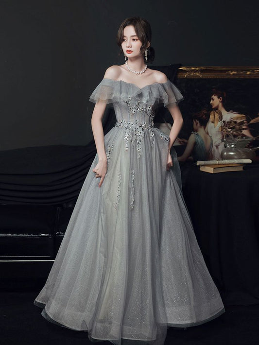 gray tulle off shoulder long prom dress, gray tulle formal dress fg4459