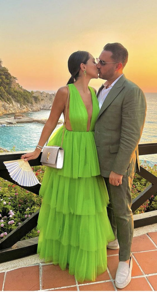 Elegant A-line V Neck Green Tiered Tulle Prom Dress,Green Prom Gown fg4703