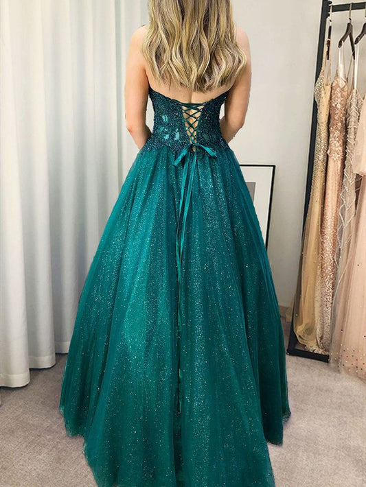 Strapless Green Lace Long Prom Dresses, Green Blue Long Lace Formal Evening Dresses fg4423