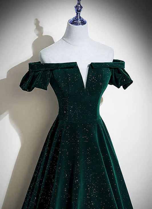 Velvet Off Shoulder Long Party Dress, Green A-line Prom Dress fg4940