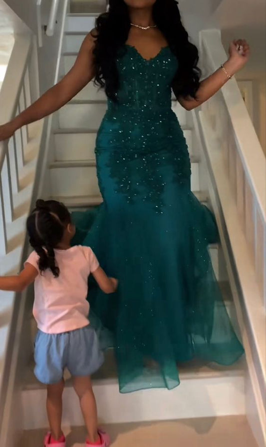 Dark Green Mermaid Tulle Lace Prom Dress Winter Formal Gown fg4863