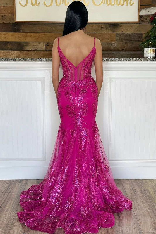 Glitter Magenta Appliques V-Neck Mermaid Long Prom Dress fg4813