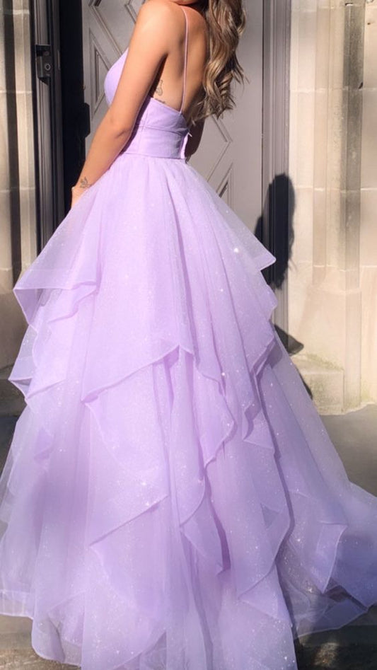 Purple V-Neck Tulle Long Prom Dresses, A-Line Party Evening Dresses fg4765
