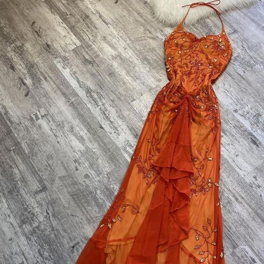 Elegant Orange Spaghetti Straps Beaded Prom Dress Party Dress fg5364