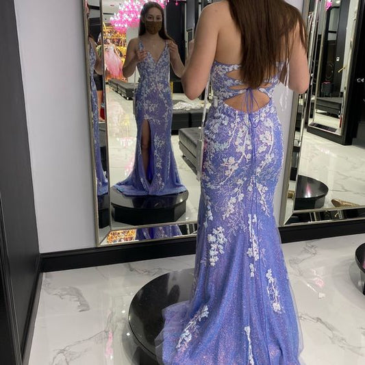 Sexy V neck Purple Mermaid Long Formal Prom Dress fg5197