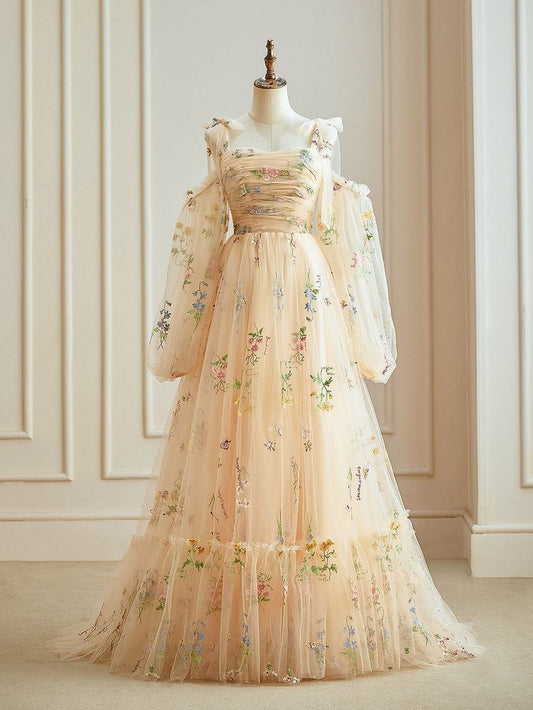 A-Line Tulle Lace Long Sleeves Prom Dress, Long Evening Dress fg4428