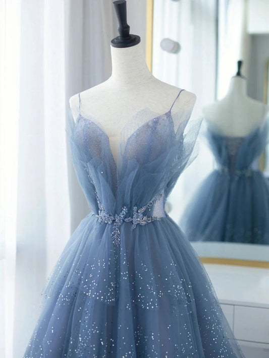 Blue Tulle Gorgeous V Neck Long Prom Dress, A-line Tulle Formal Evening Dress fg5394