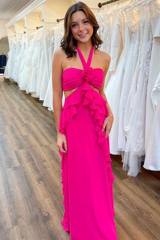 Halter Cut Out Ruffle Long Formal Prom Dress fg4732