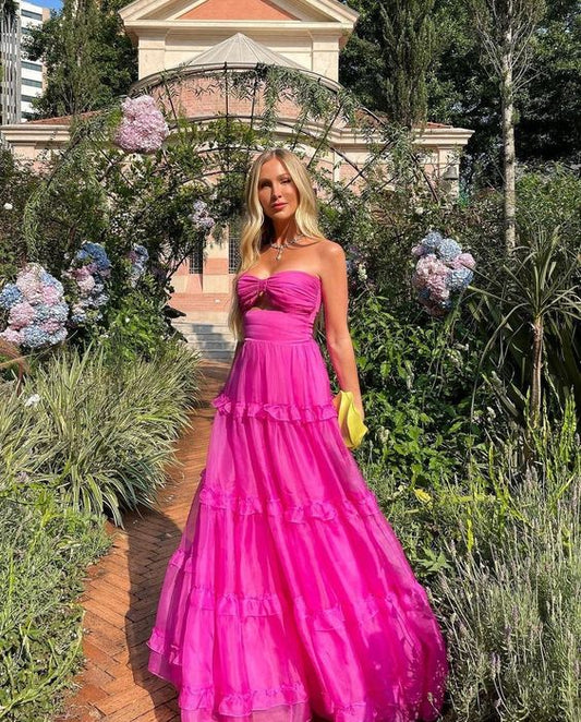 Hot Pink Formal Occasion Dress Sweetheart Organza Long Party Dress Tiered Sleeveless Sexy Evening Gowns fg4461