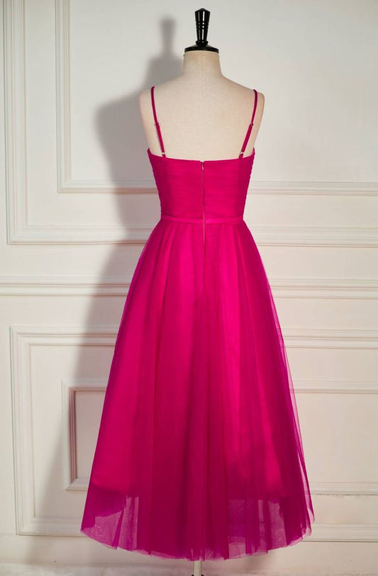 Fuchsia Straps A-line Tulle Tea-Length Prom Dress fg4644