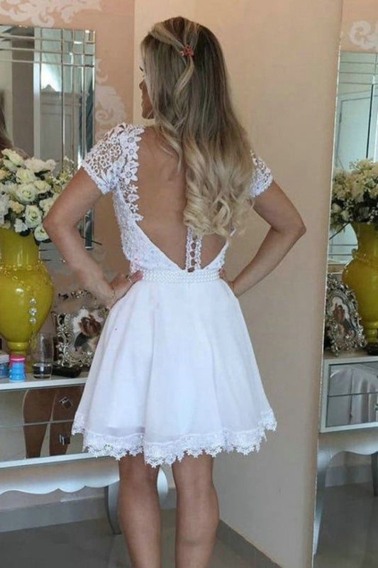 2024 Chiffon V Neck Short Sleeve with Appliques A Line Homecoming Dresses fg4805