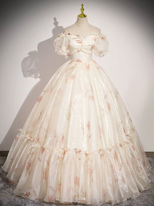 Floral Tulle Long Prom Dress, Beautiful Short Sleeve A-Line Evening Party Dress fg4404