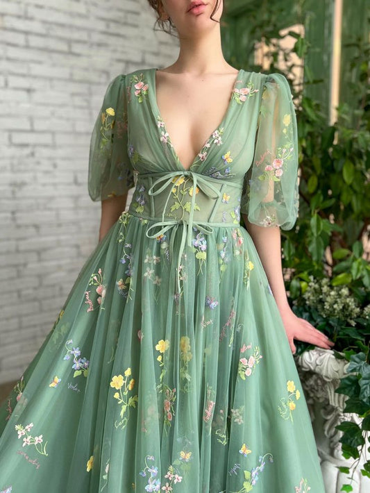 green v neck tulle lace long prom dress, green tulle formal dress fg4477