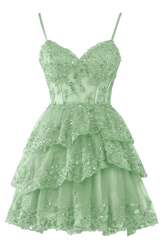 Spaghetti Straps Lace Tulle Homecoming Dresses 2024 Short Applique Corset Tiered Formal Party Gowns fg4364