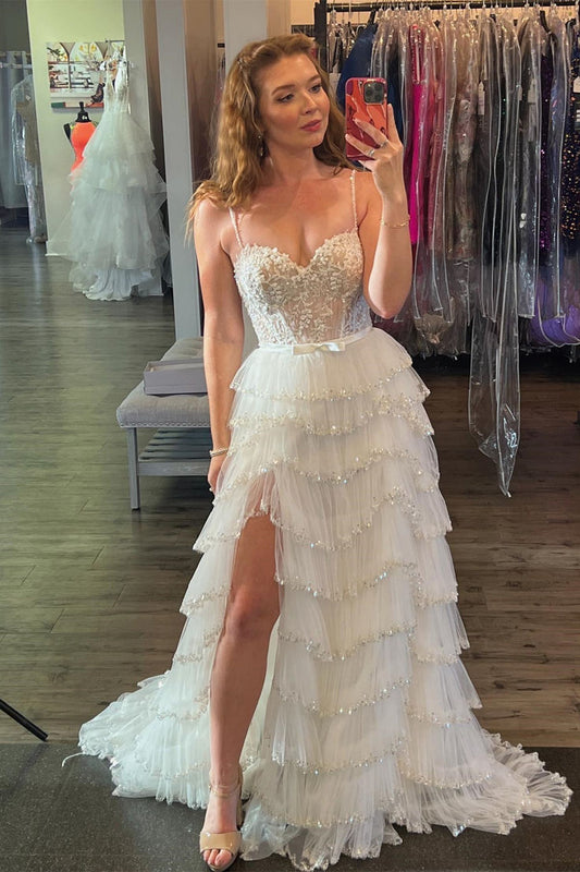 White Straps Floral Sequined Multi-Layers Long Prom Dress with Slit fg4743
