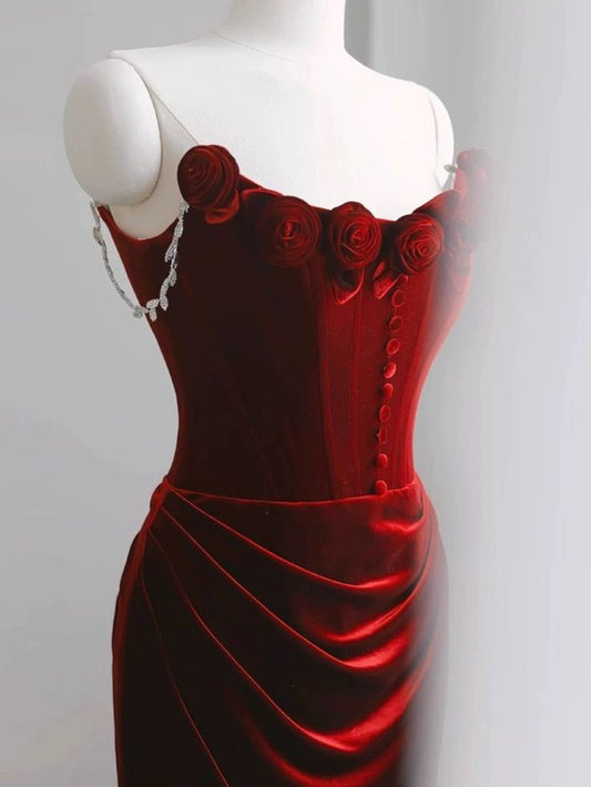 Red velvet evening dress, floral prom dress, chic mermaid dress,custom made fg4923