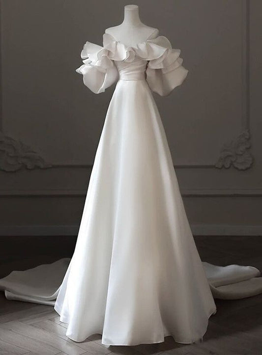 Off the Shoulder Puff Sleeve Pleats Wedding Dress Long Wedding Dress fg5379