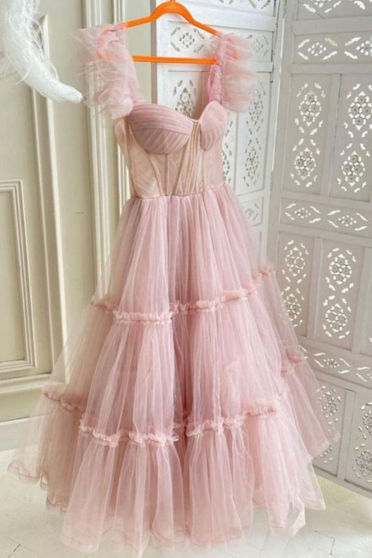 Cute A Line Pink Tulle Short Prom Dress, Pink Evening Party Dress fg4899