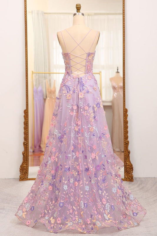 A-Line Tulle Lace Up Long Prom Dress With Appliques And Split fg5027