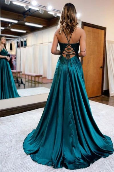 Spaghetti-Straps Lace Applique Backless Evening Gowns With Split fg4107