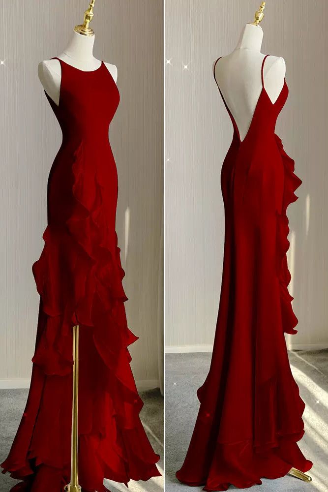 Black Mermaid Beach Wedding Dress With Ruffles, Spaghetti Straps Backless Prom Gown fg4193