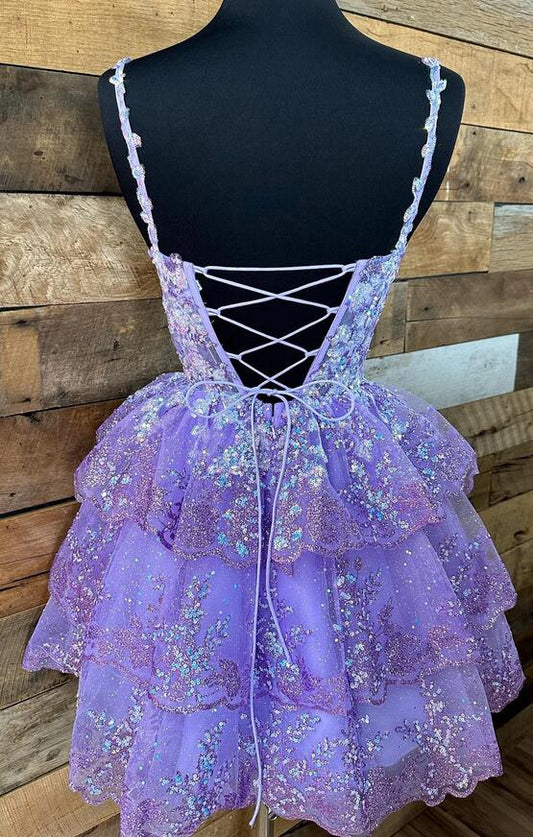 Straps Tulle Sequin A-Line Homecoming dress with Ruffle Skirt fg3894