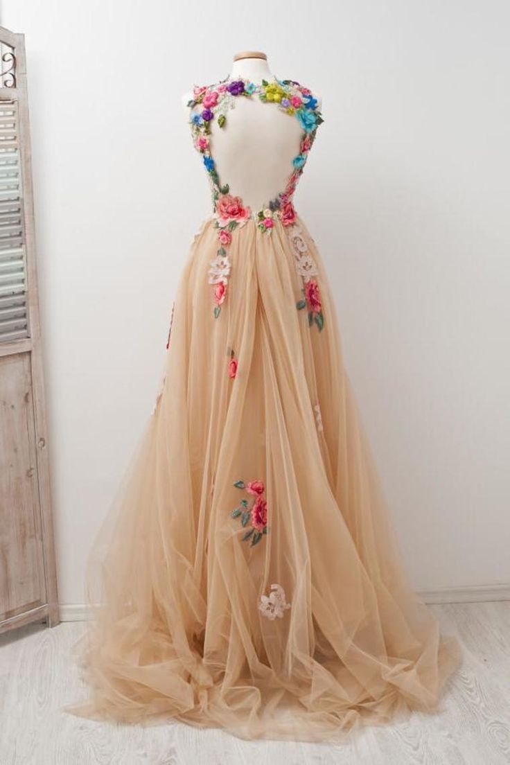 Lovely Open Back Charming Tulle Elegant Prom Dresses Applique Prom Gowns fg3823
