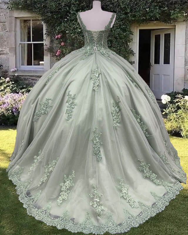 Sage Corset Ball Gown Appliques Tulle Prom Dress fg3379
