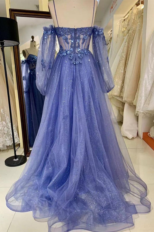 Off-the-Shoulder Sequins Applique Boning Long Prom Dress fg3585