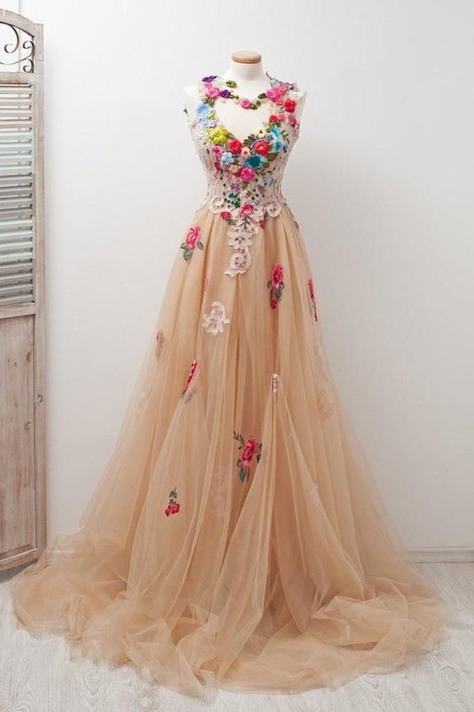Lovely Open Back Charming Tulle Elegant Prom Dresses Applique Prom Gowns fg3823