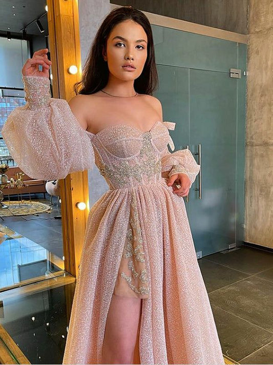 Sexy Sweetheart Side Slit A-line Sequin Long Prom Dresses fg4135