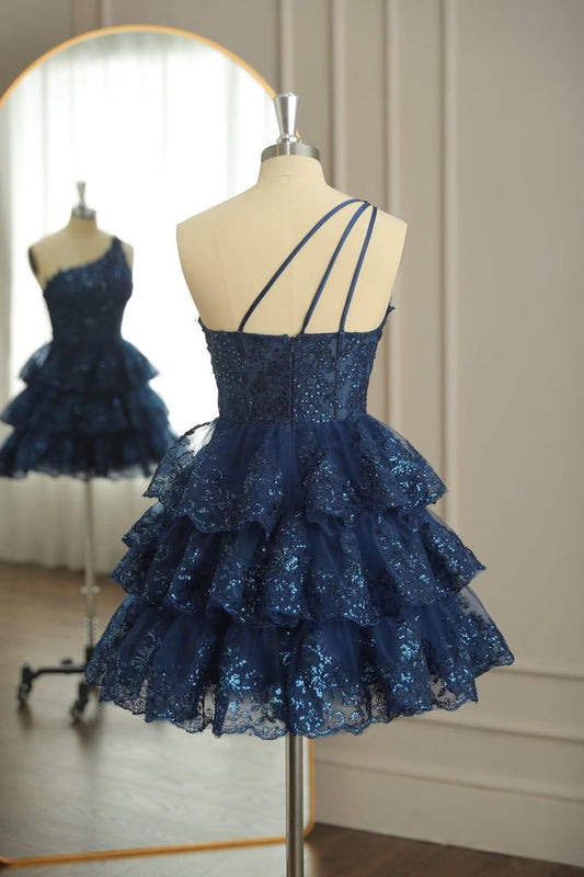 Dark Navy One Shoulder Appliques Multi-Layers Tulle Homecoming Dress fg4307