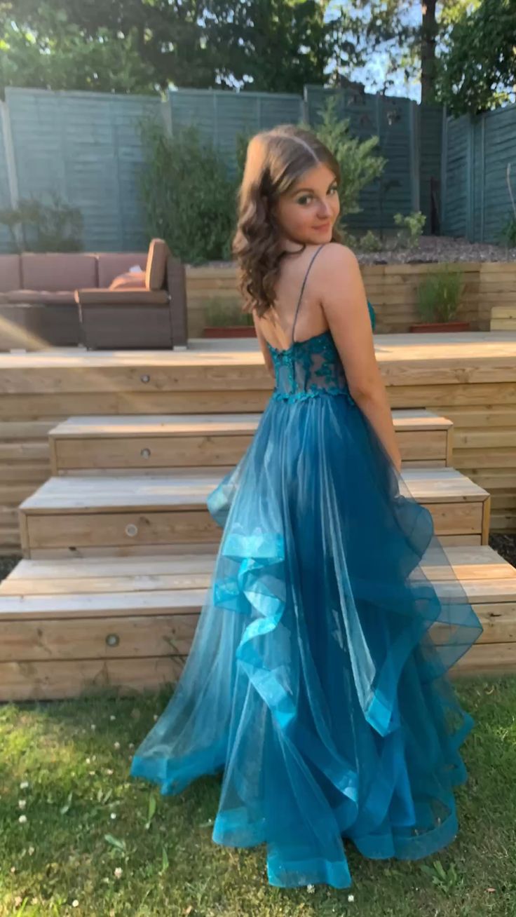 A-line Spaghetti Straps V Neck Tulle Lace Long Prom Dress Formal Dress fg4302