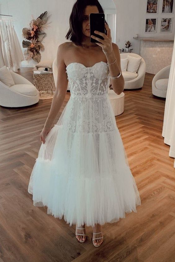 VINTAGE WHITE STRAPLESS SHORT SUMMER TULLE WEDDING DRESS fg3669